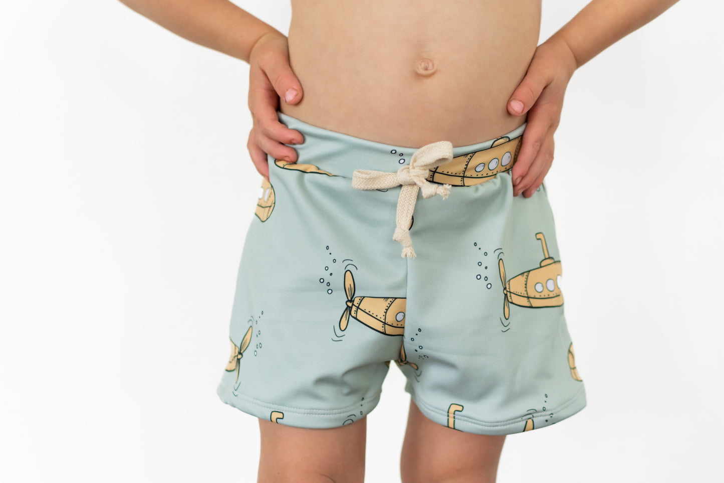 Yellow Submarine Print Boy Swim Shorts, European Style Swimwear