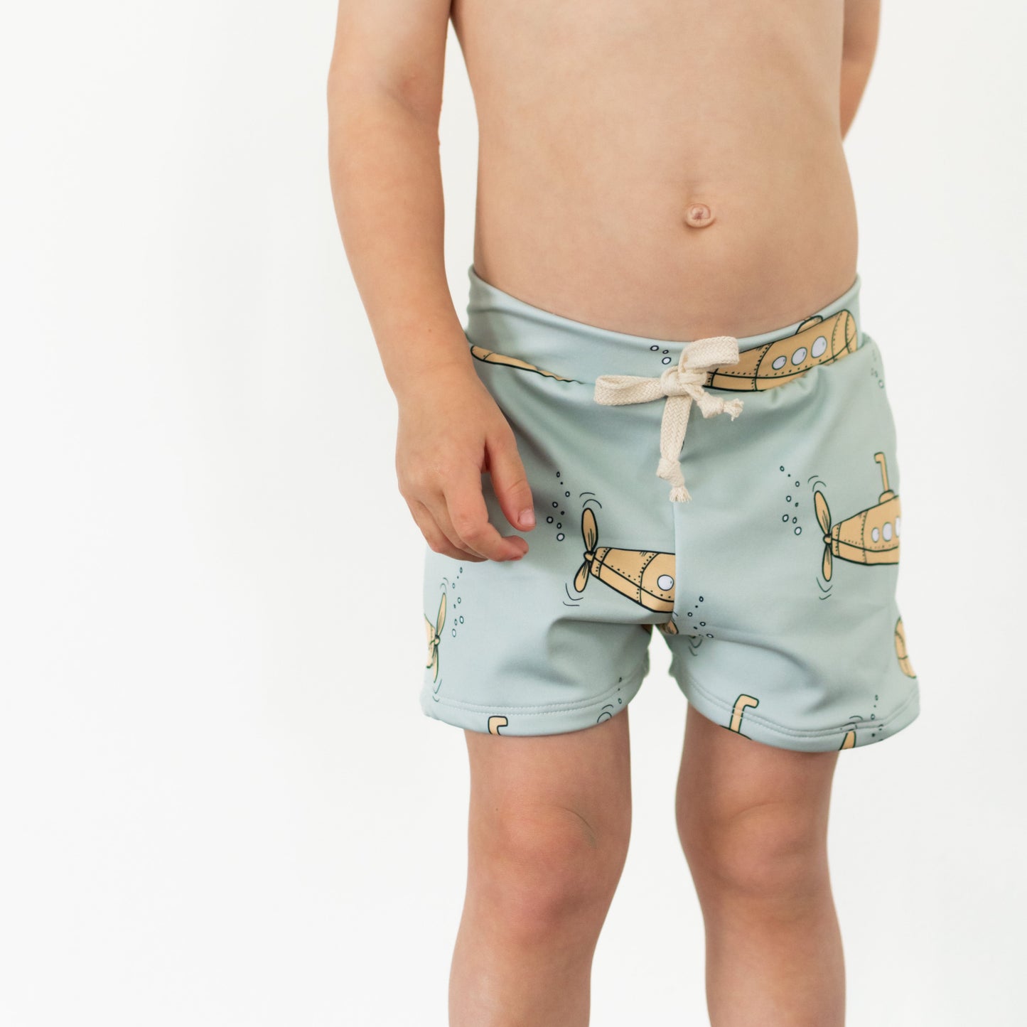 Yellow Submarine Print Boy Swim Shorts, European Style Swimwear