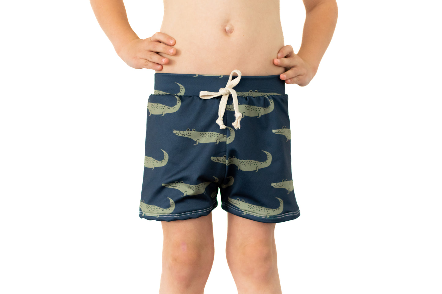Navy Crocodile Print Boy Swim Shorts, European Style Swimwear