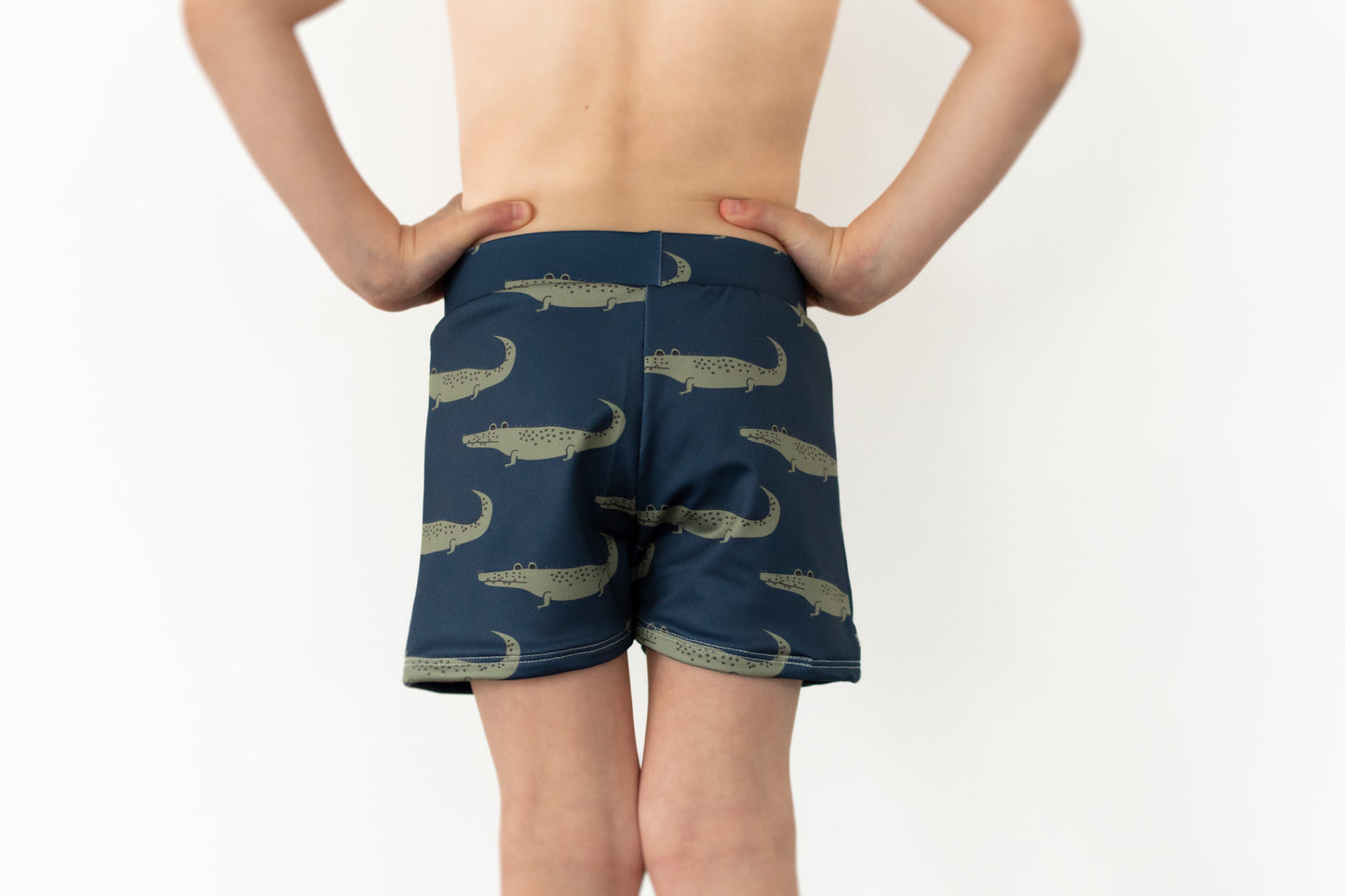 Navy Crocodile Print Boy Swim Shorts, European Style Swimwear