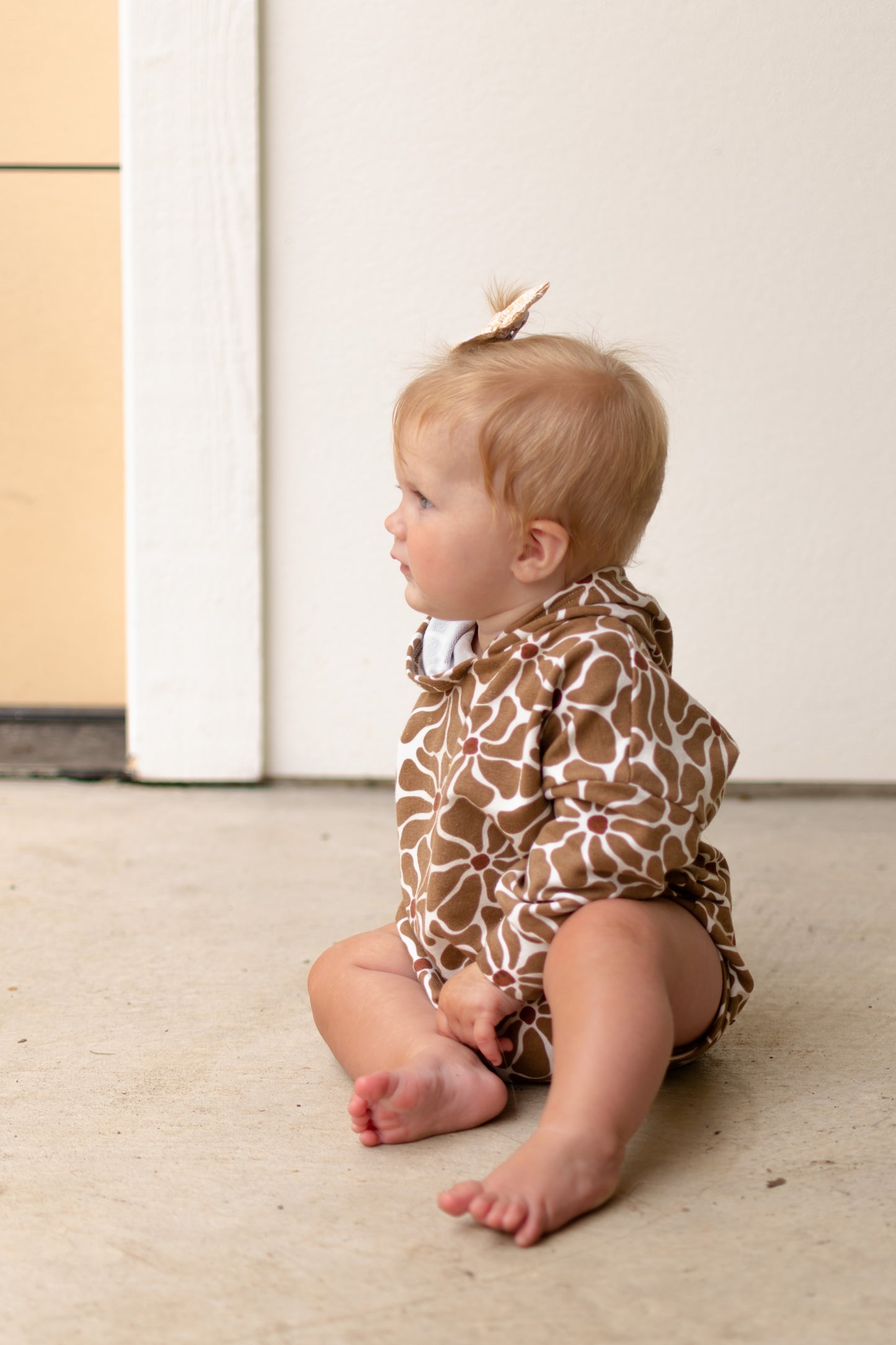 Organic Baby Bubble Sweatshirt Romper | Handmade in USA | GOTS Certified Baby Clothing | Tan Flower Print
