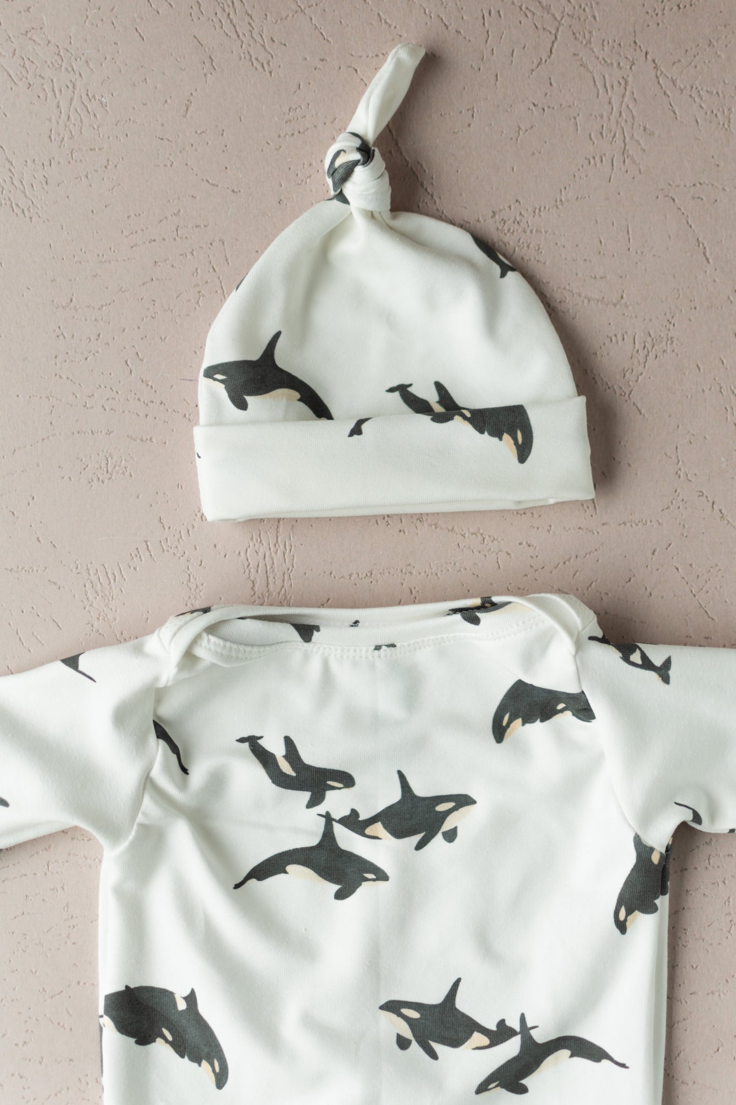 Orca Whale Baby Knotted Gown and Hat Set