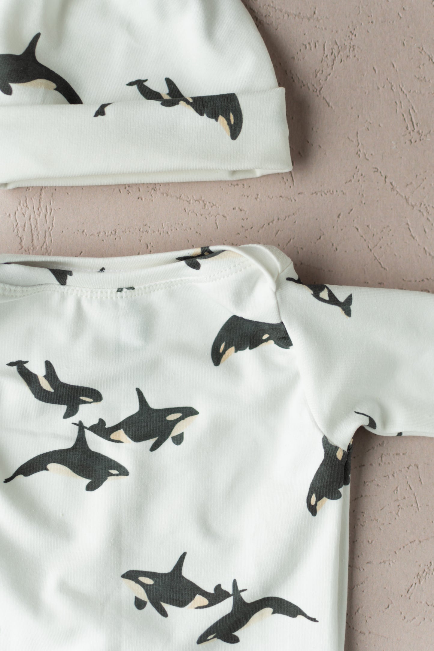 Orca Whale Baby Knotted Gown and Hat Set