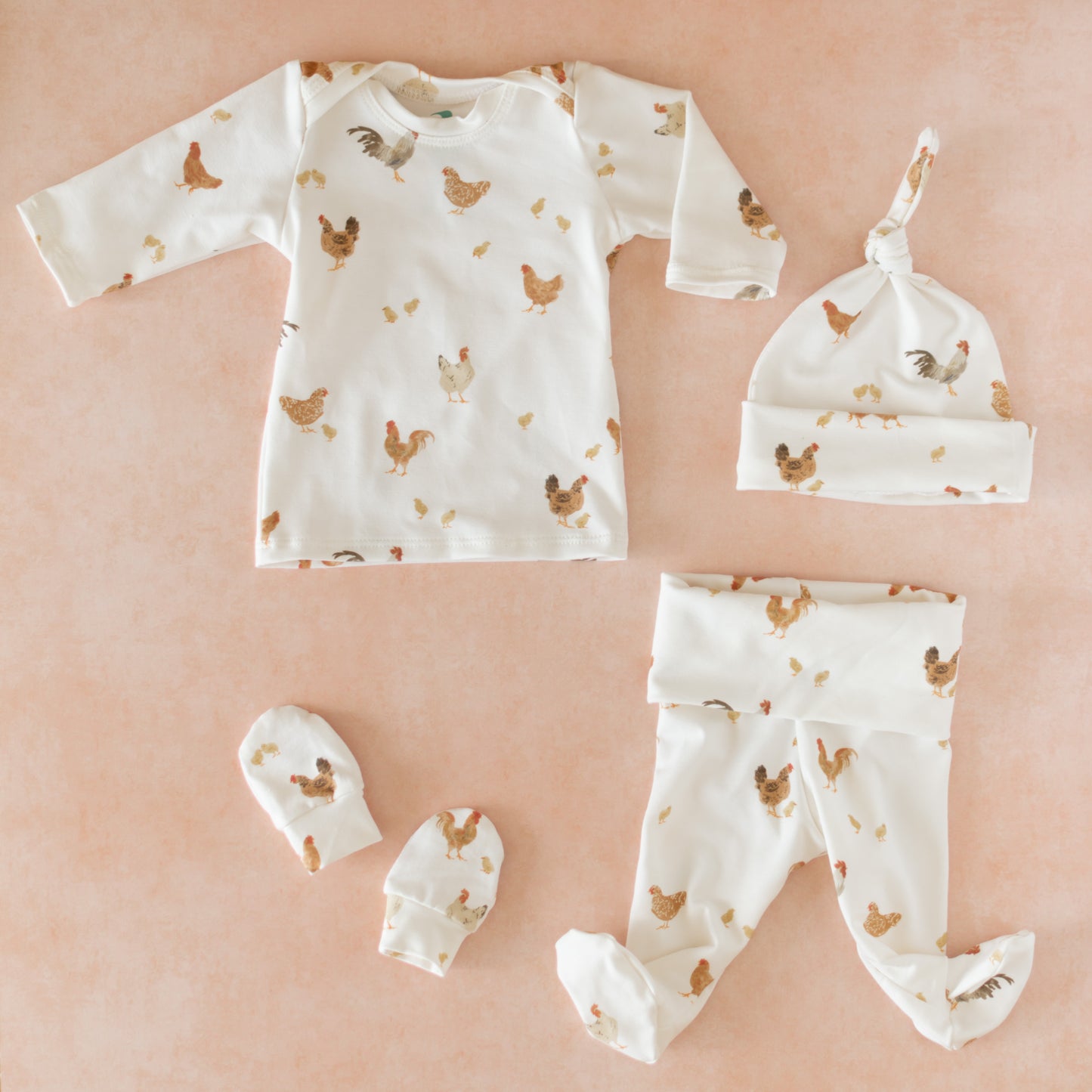 Chicken Baby Outfit Set Pants Shirt Hat and Mittens