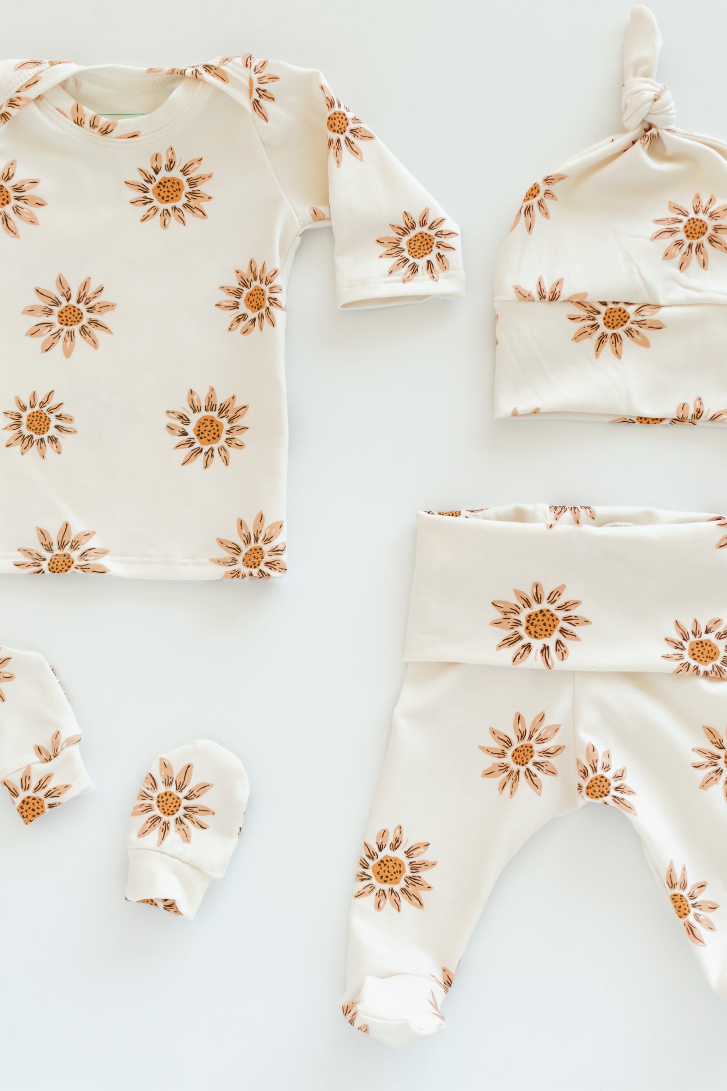 Sunflower Baby Outfit Set Pants Shirt Hat and Mittens