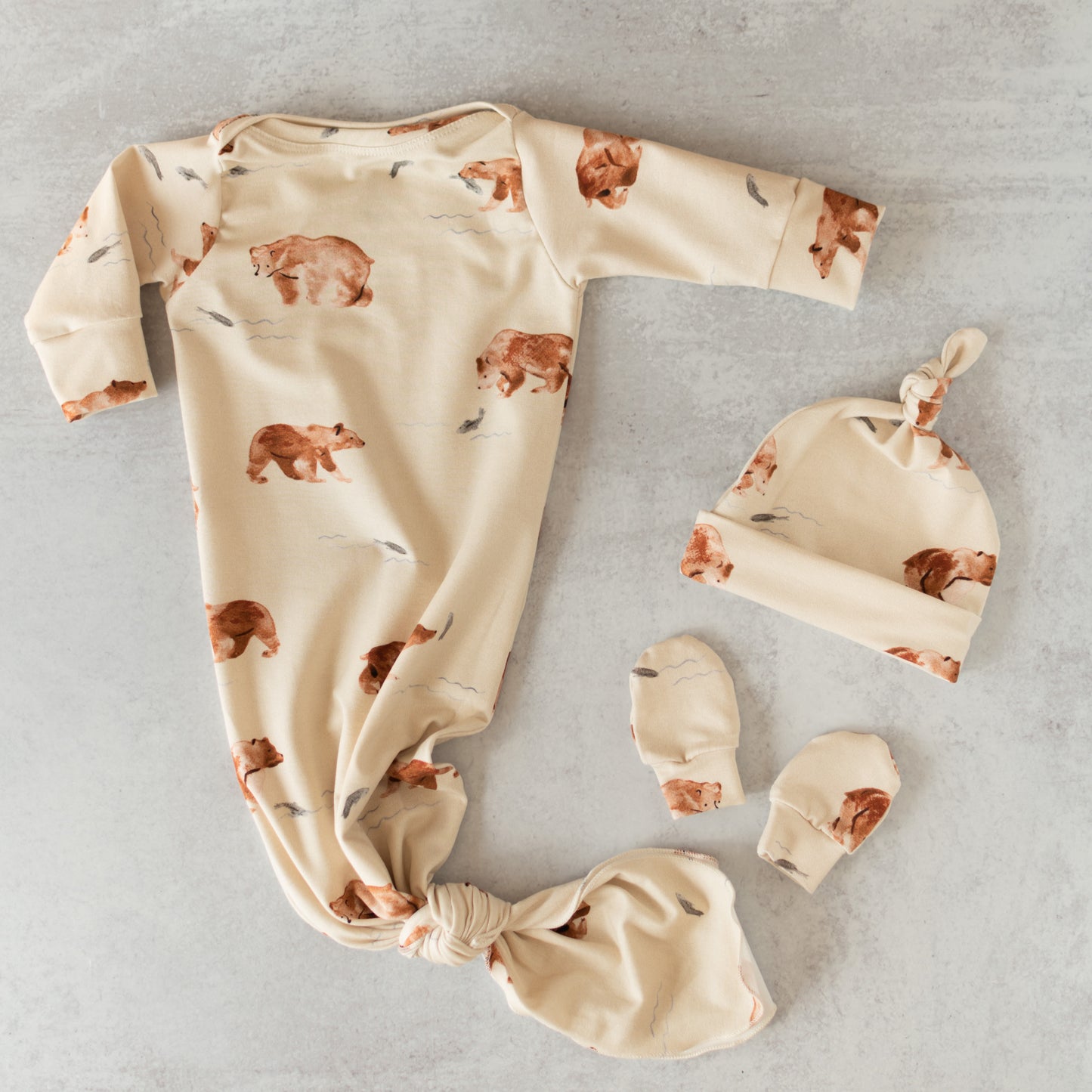 Grizzly Bear Baby Knotted Gown and Hat Set
