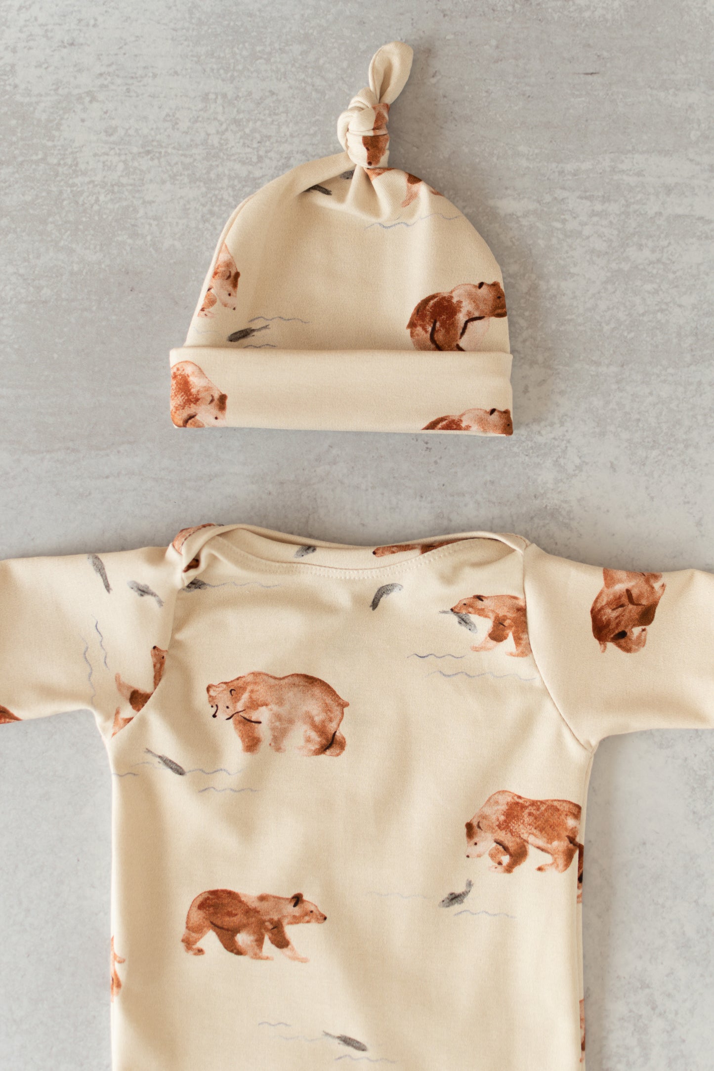 Grizzly Bear Baby Knotted Gown and Hat Set