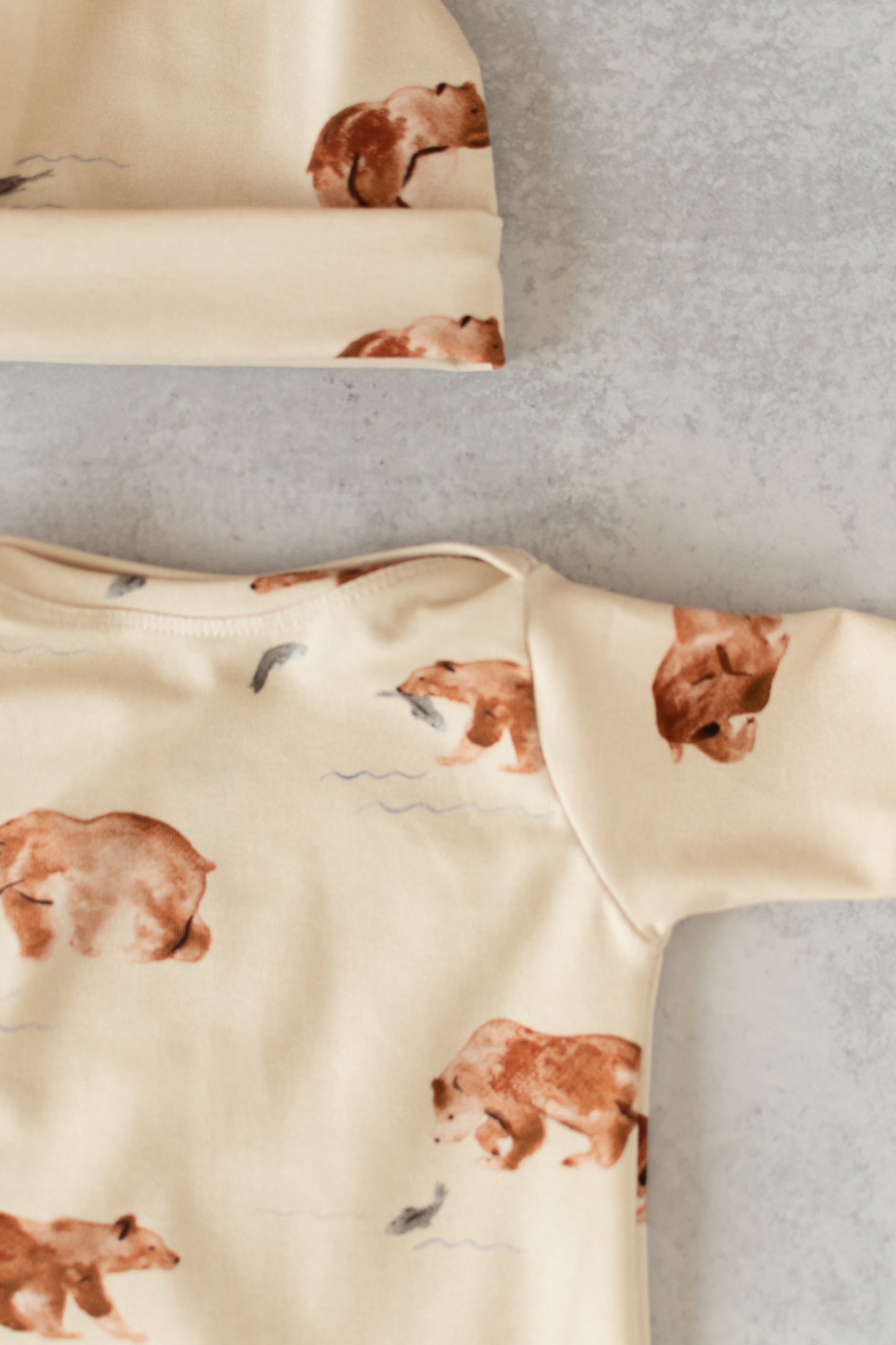 Grizzly Bear Baby Knotted Gown and Hat Set