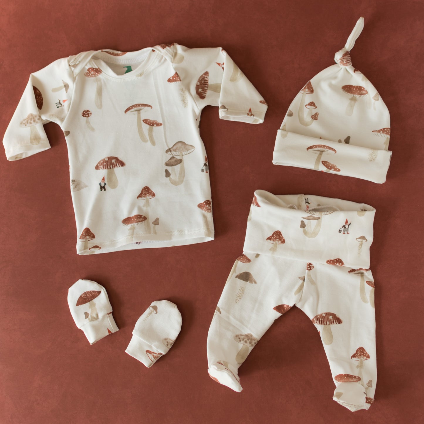 Mushroom Baby Outfit Set Pants Shirt Hat and Mittens