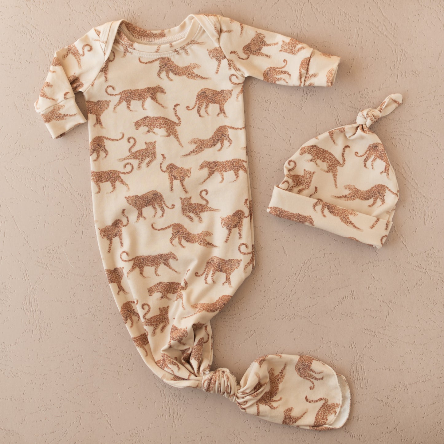 Leopard Baby Knotted Gown and Hat Set