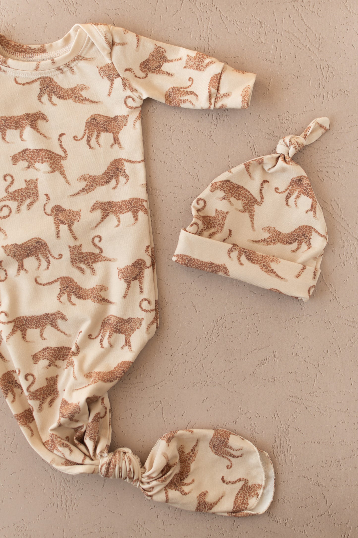 Leopard Baby Knotted Gown and Hat Set