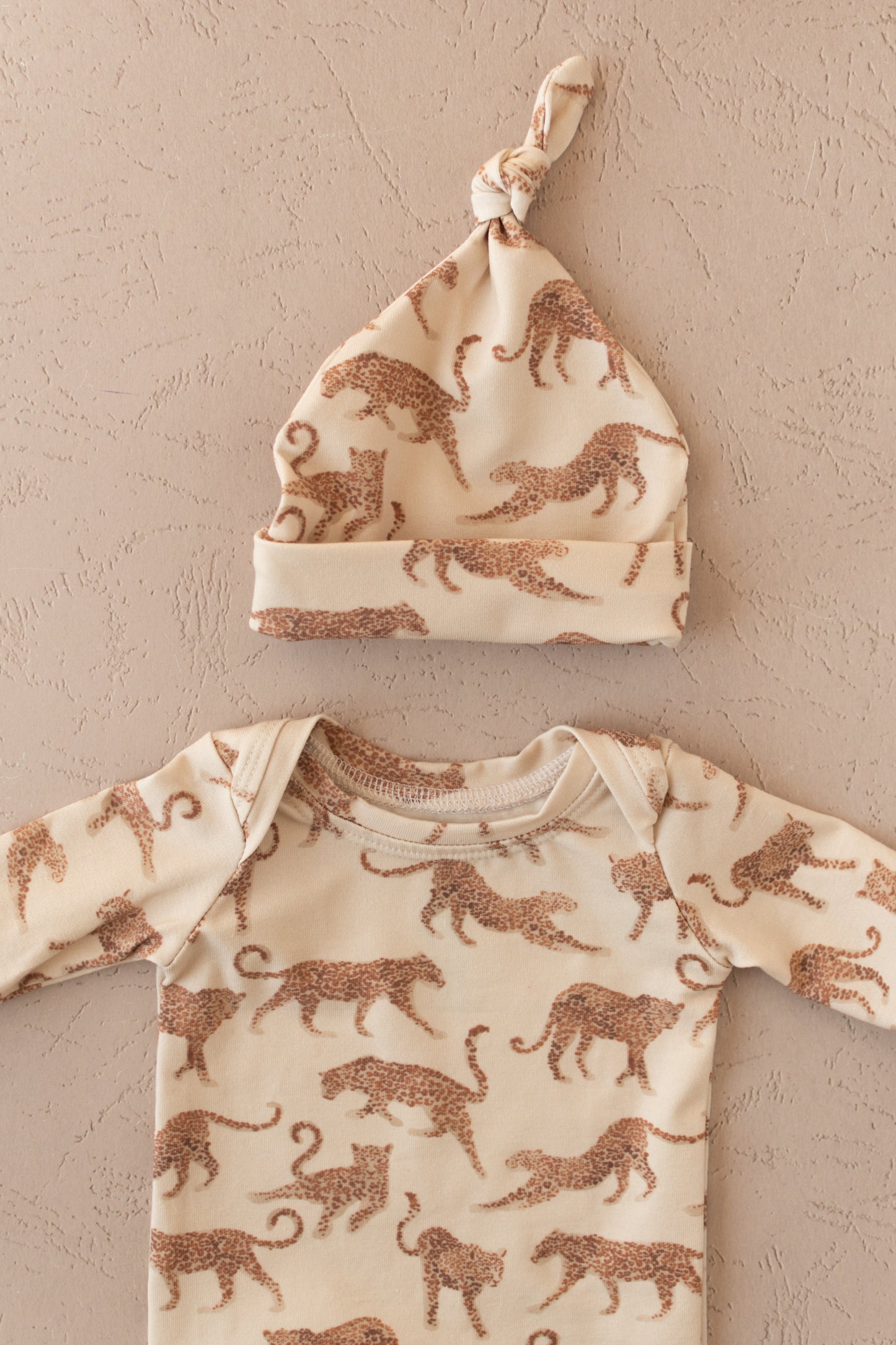 Leopard Baby Knotted Gown and Hat Set