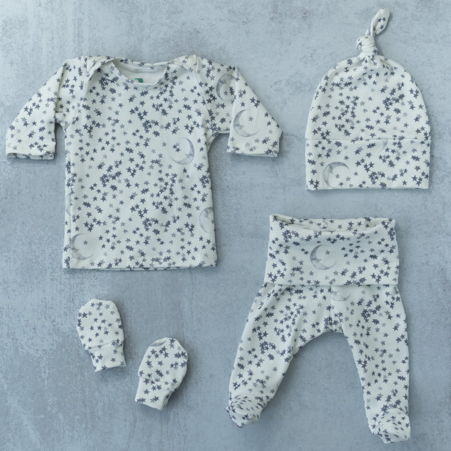Moon and Star Baby Outfit Set Pants Shirt Hat and Mittens Blue
