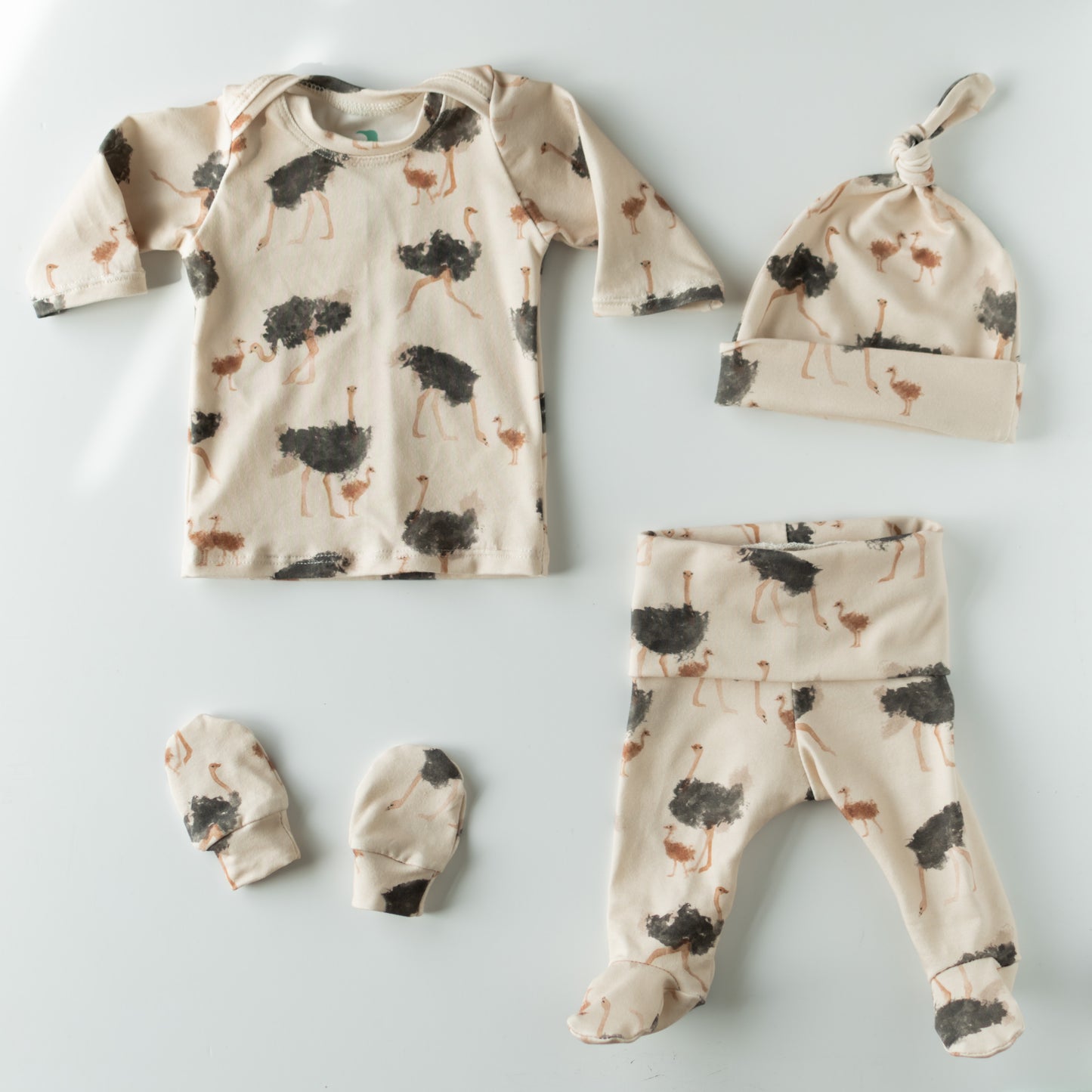 Ostrich Baby Outfit Set Pants Shirt Hat and Mittens