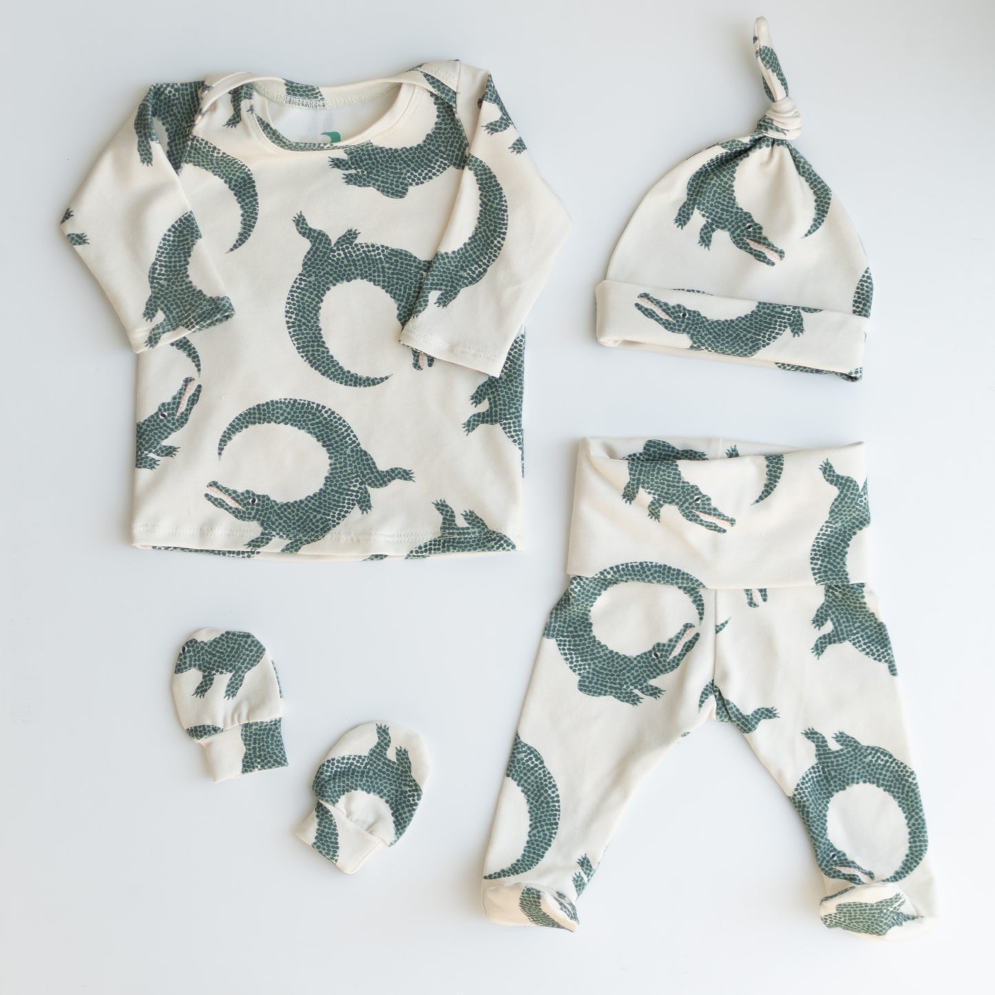 Crocodile Baby Outfit Set Pants Shirt Hat and Mittens