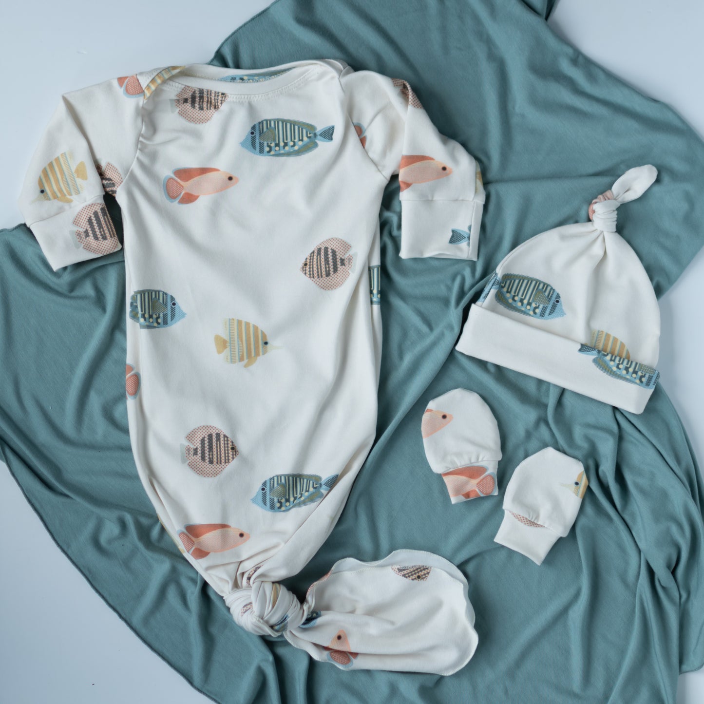 Colorful Fish Baby Knotted Gown and Hat Set