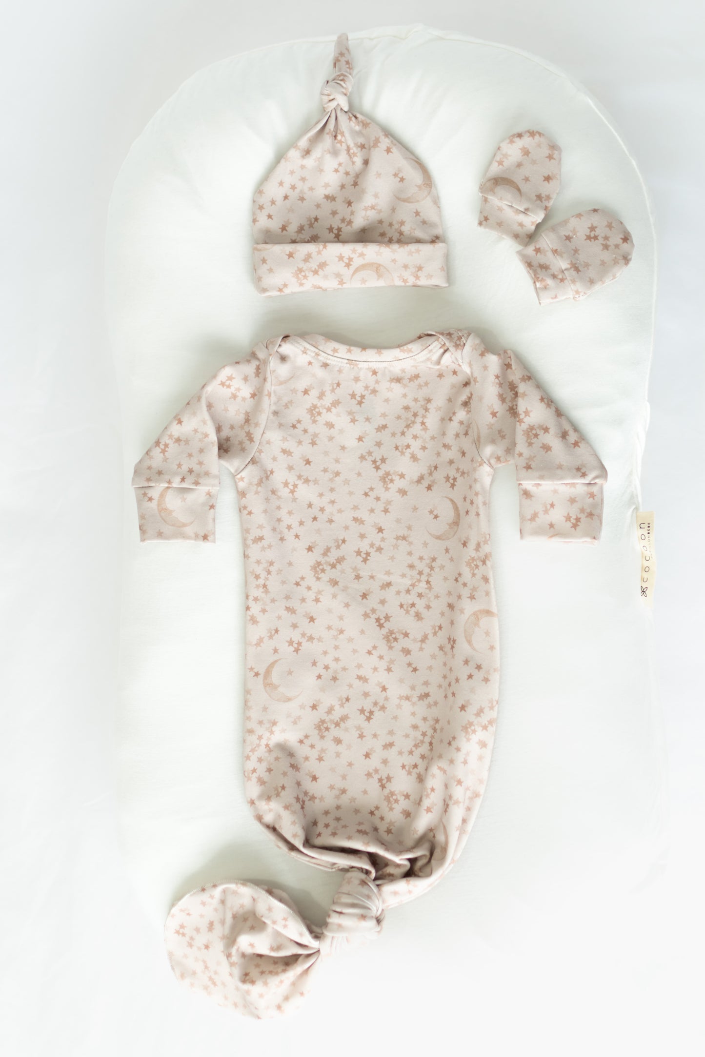 Moon and Star Baby Knotted Gown and Hat Set Latte