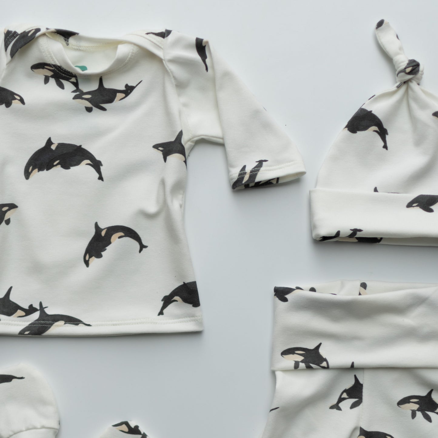 Orca Whale Baby Outfit Set Pants Shirt Hat and Mittens