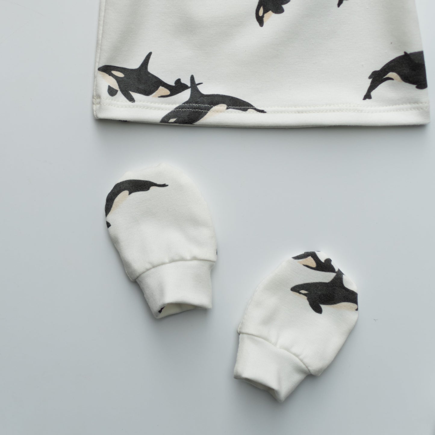 Orca Whale Baby Outfit Set Pants Shirt Hat and Mittens