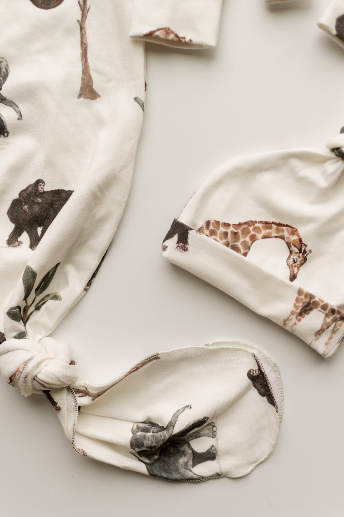Safari Baby Knotted Gown and Hat Set