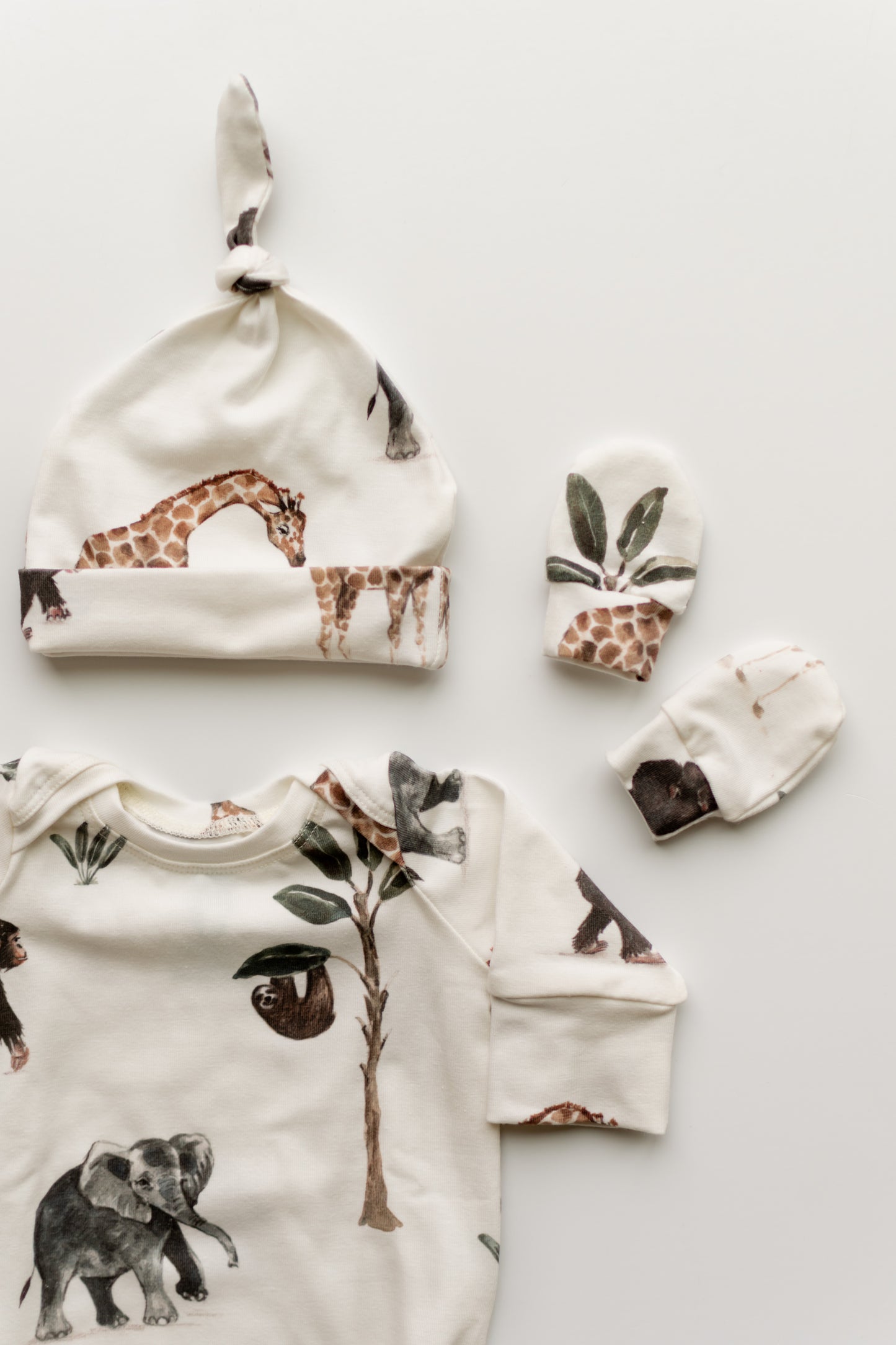 Safari Baby Knotted Gown and Hat Set
