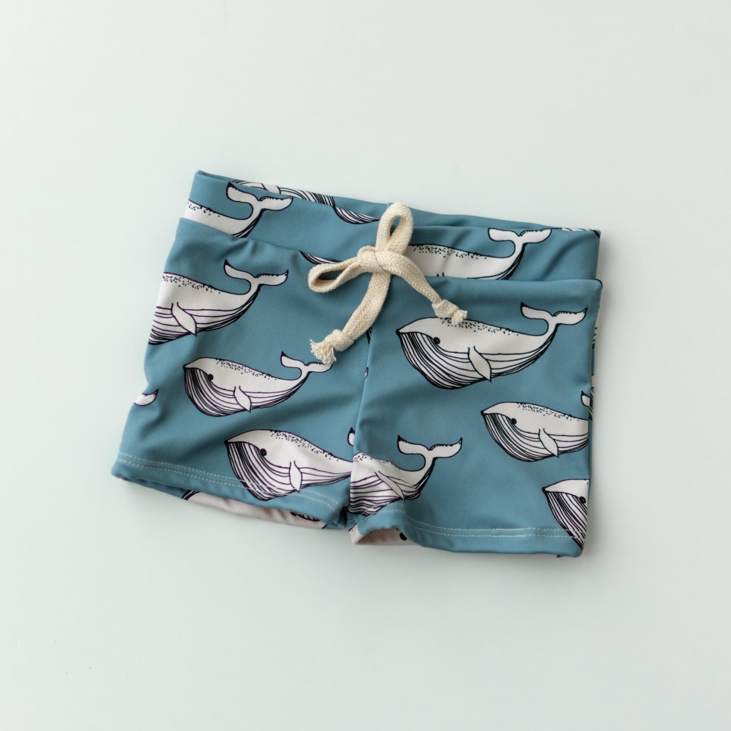 Blue Whale Print Boy Swim Shorts, European Style Swimwear