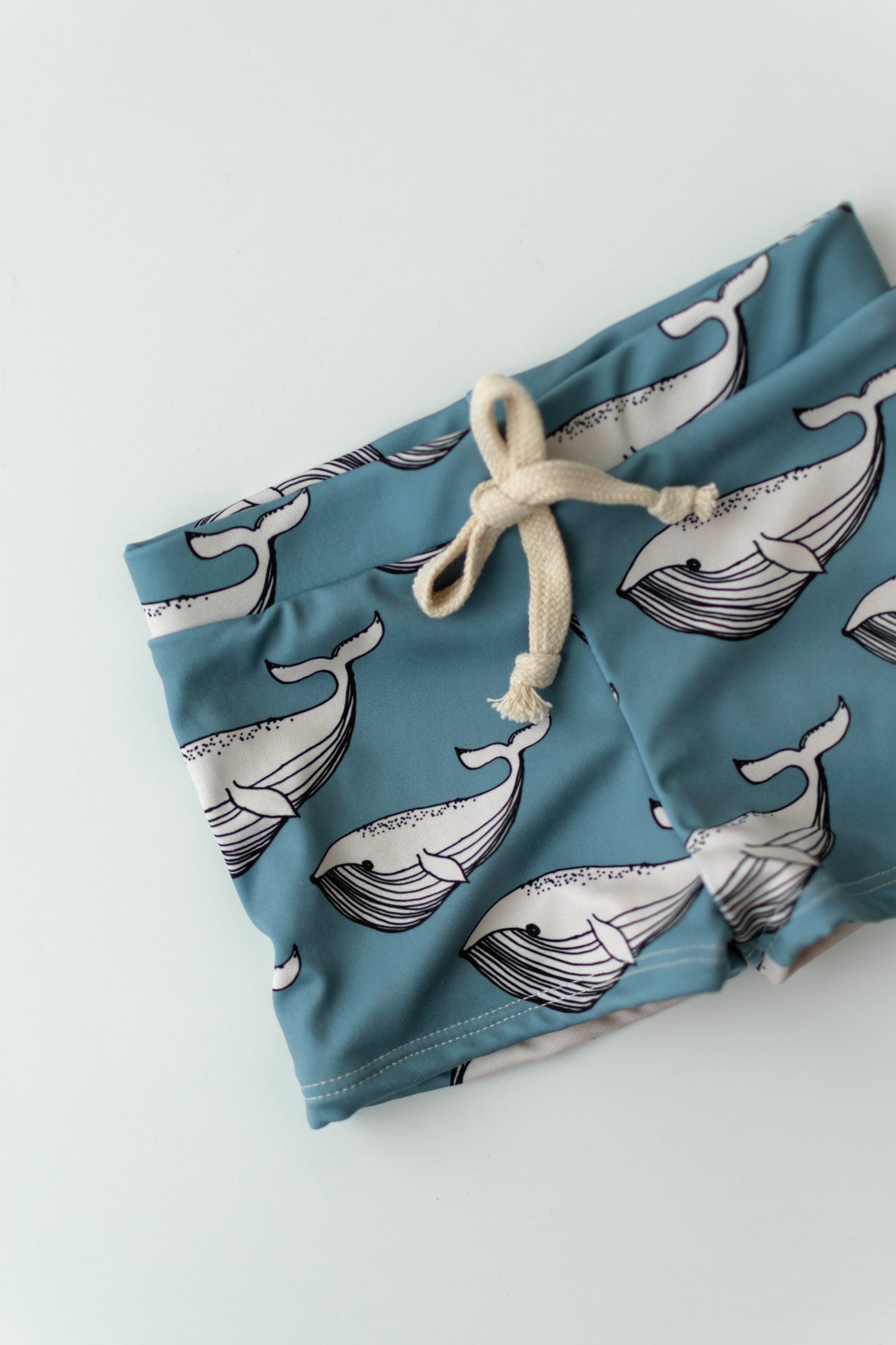Blue Whale Print Boy Swim Shorts, European Style Swimwear