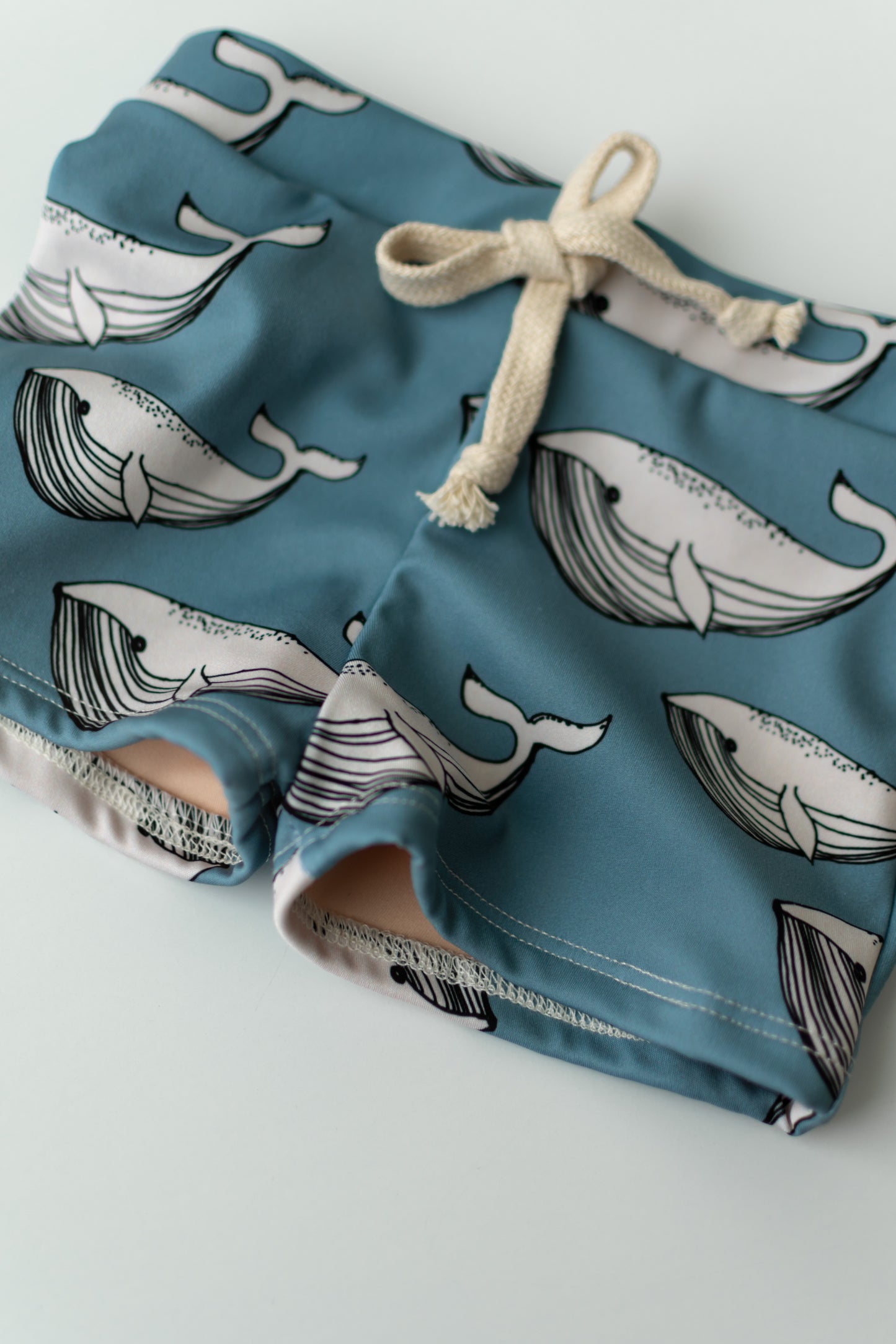 Blue Whale Print Boy Swim Shorts, European Style Swimwear