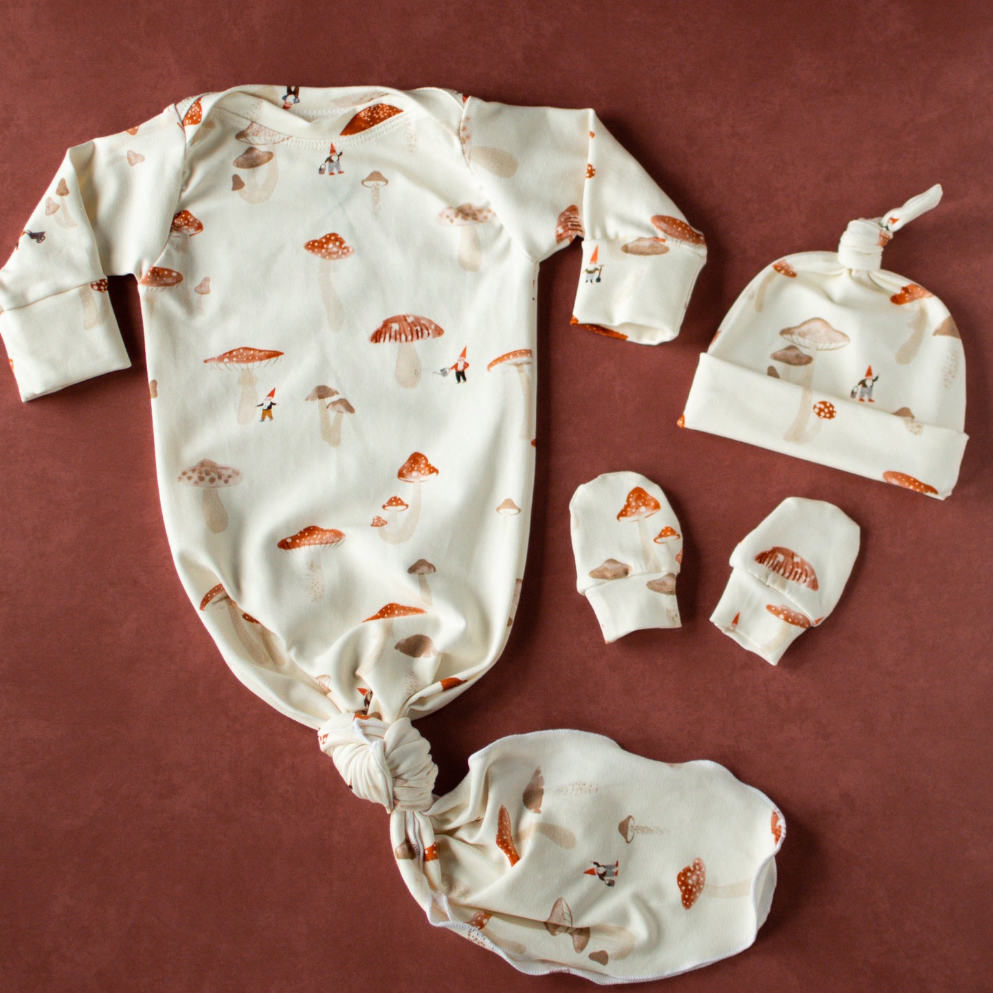 Mushroom Baby Knotted Gown and Hat Set