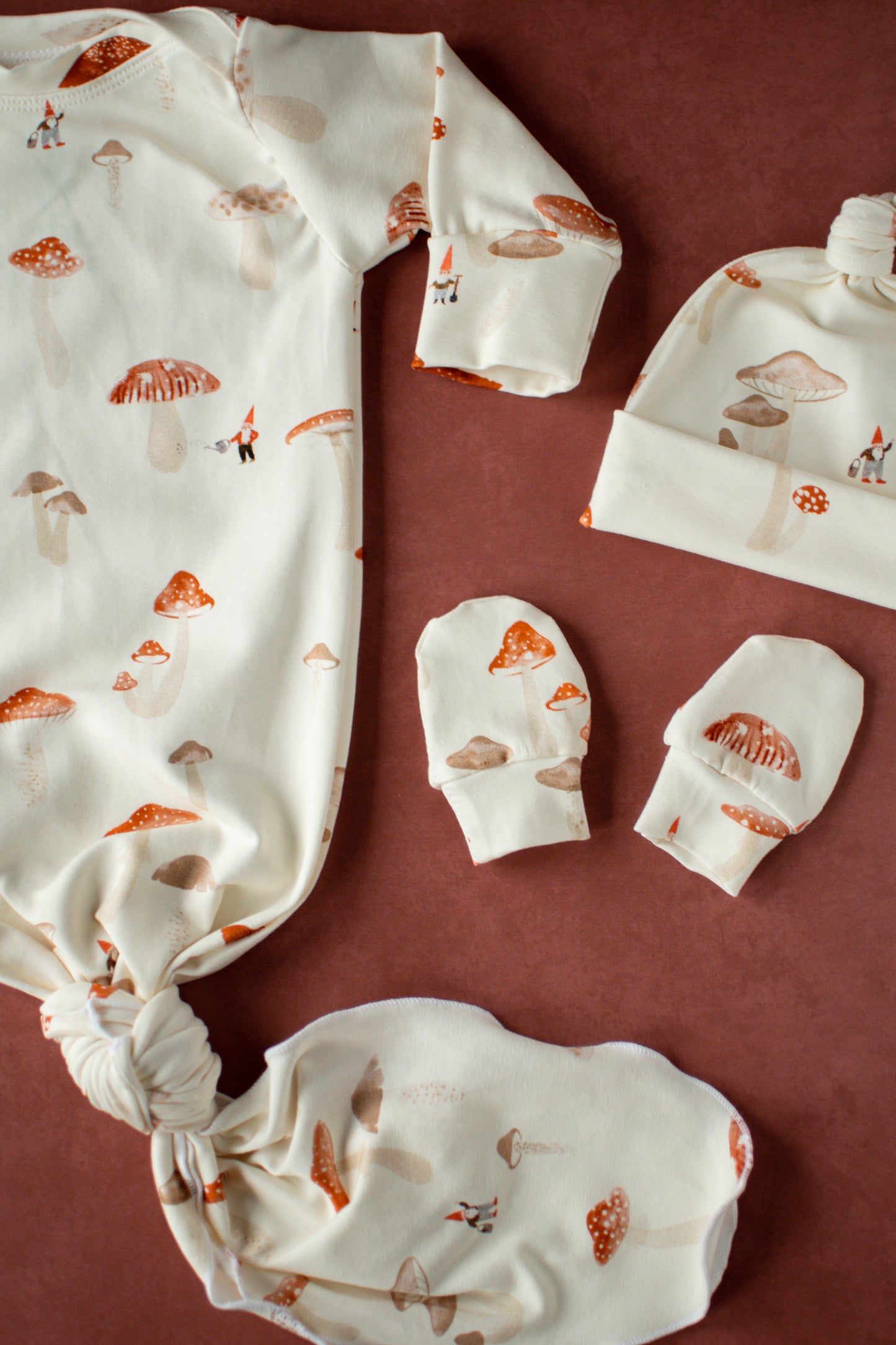 Mushroom Baby Knotted Gown and Hat Set