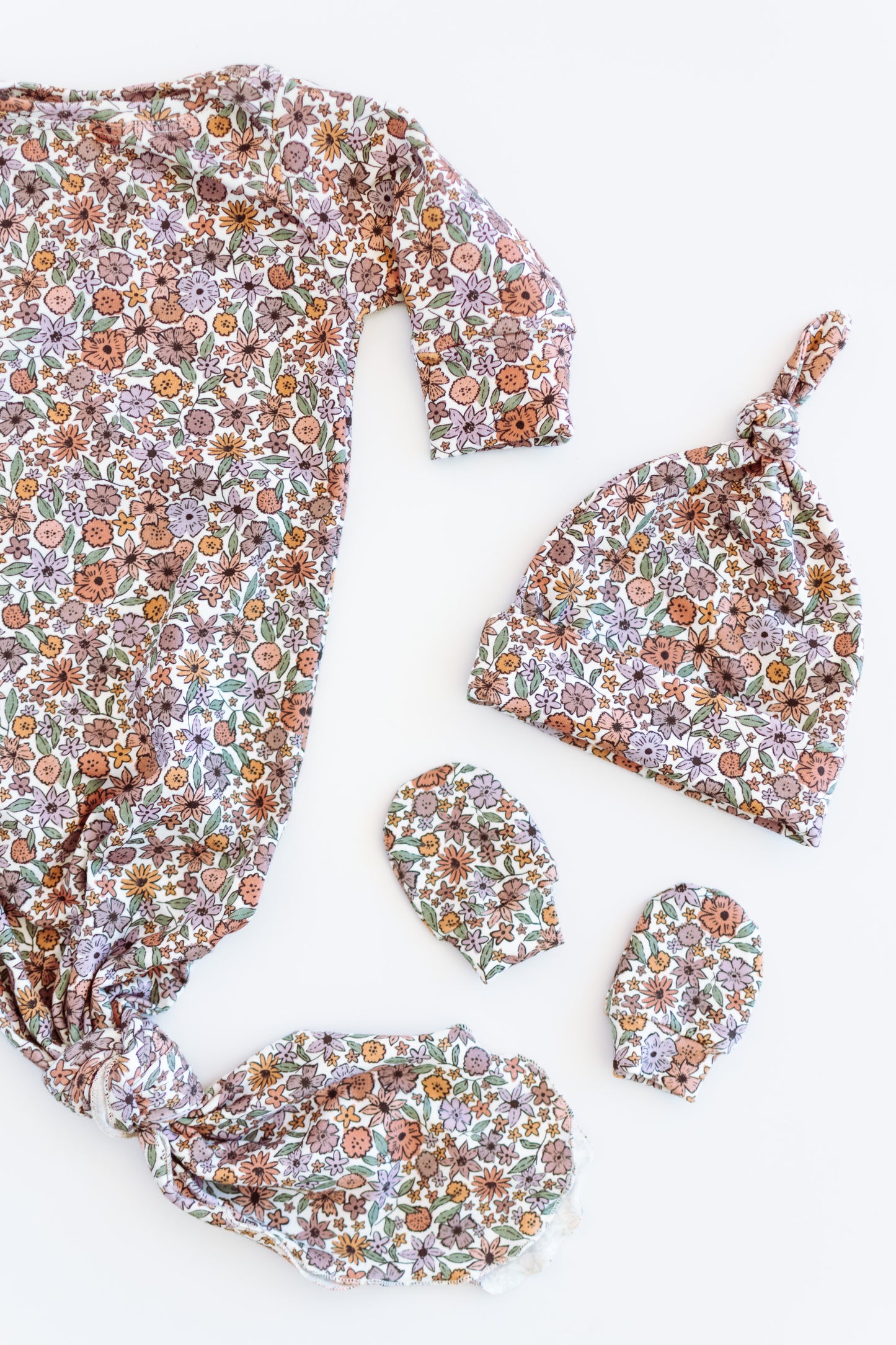 Purple Flower Baby Knotted Gown and Hat Set
