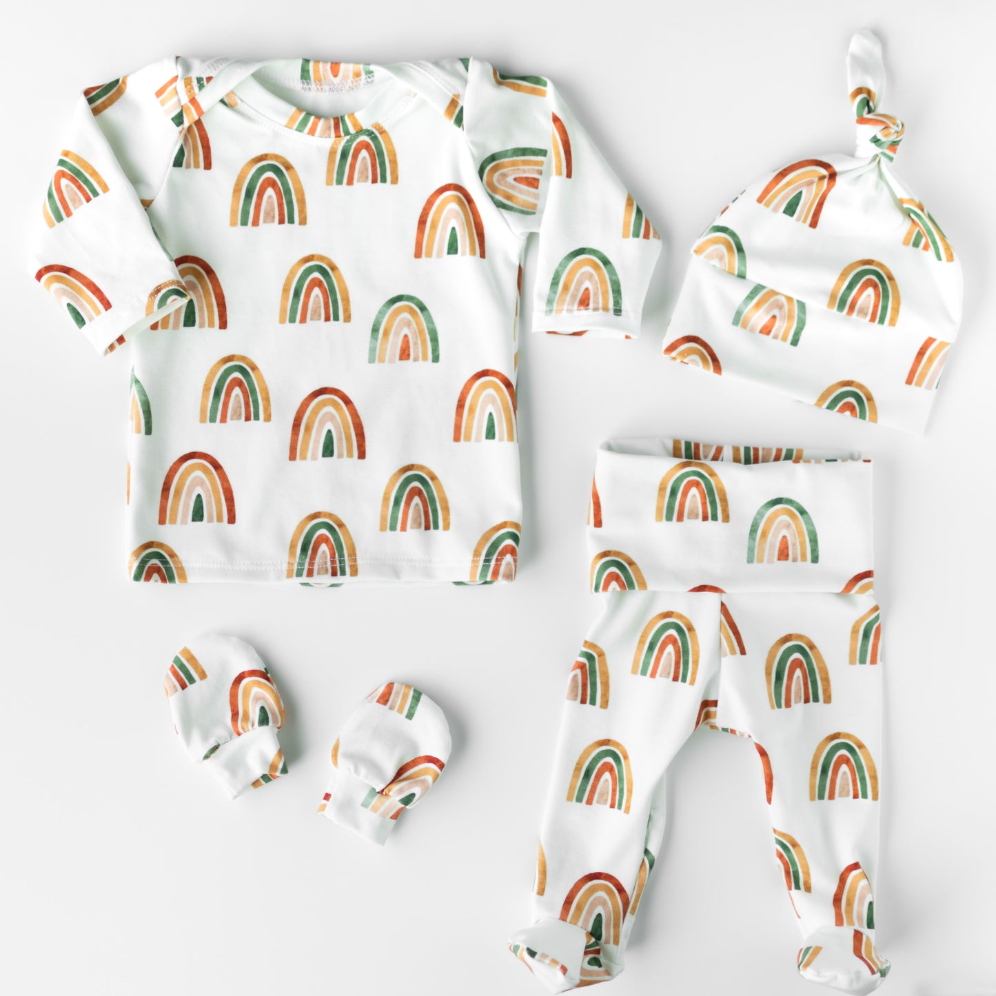 Rainbow Baby Outfit Set Pants Shirt Hat and Mittens