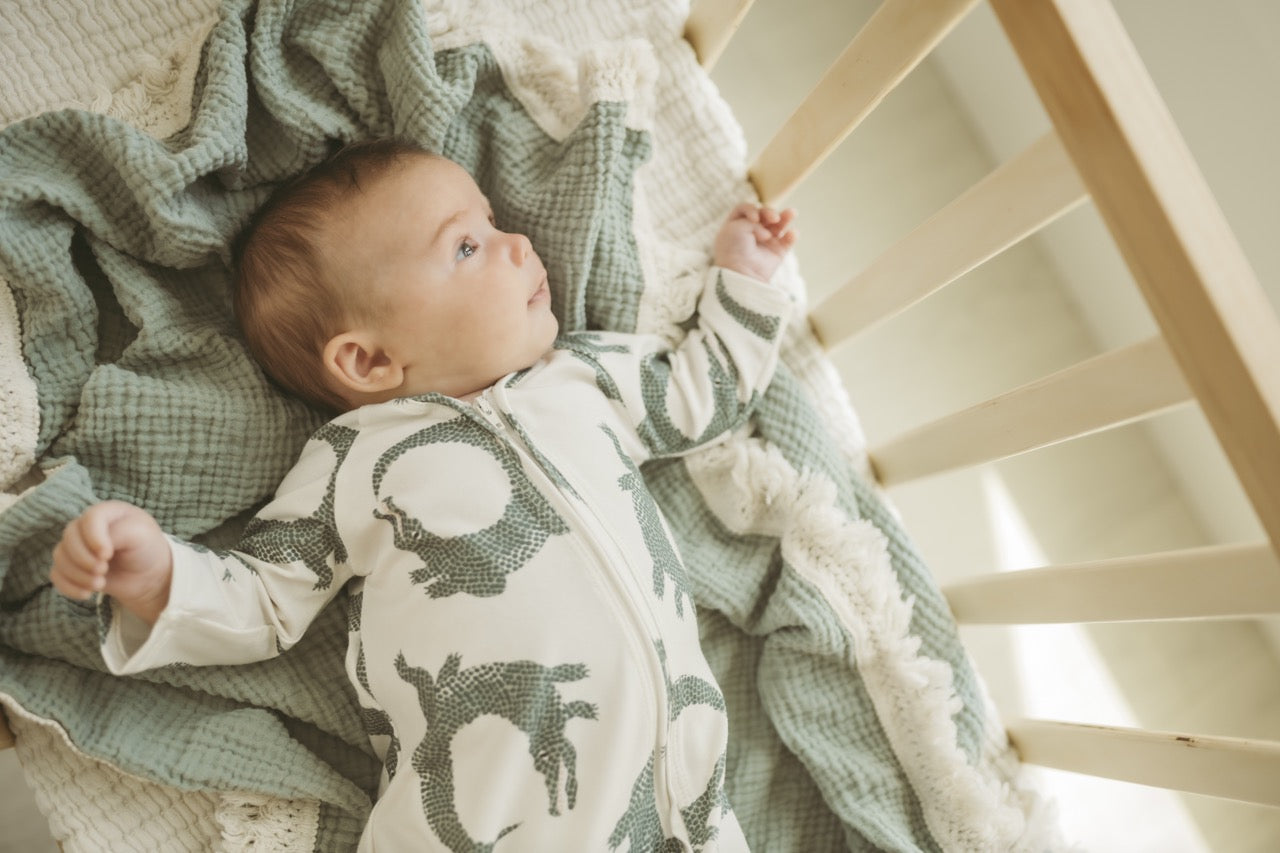 Organic Baby Zip Romper | Long Sleeve One Piece | Handmade in USA | Crocodile Print