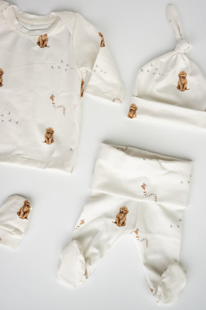 Organic Baby Outfit Set | Handmade Newborn Clothes | Labradoodle Dog Print | Pants, Shirt, Hat & Mittens