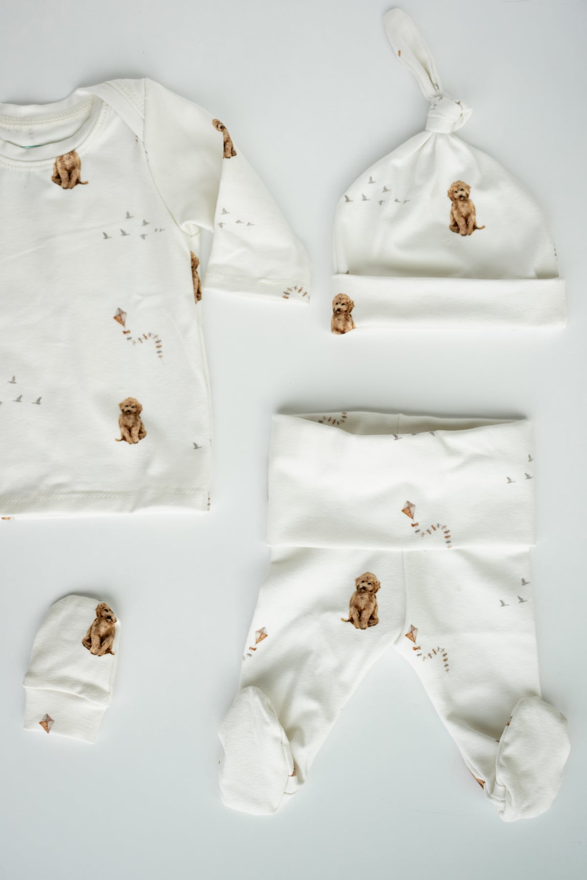 Organic Baby Outfit Set | Handmade Newborn Clothes | Labradoodle Dog Print | Pants, Shirt, Hat & Mittens
