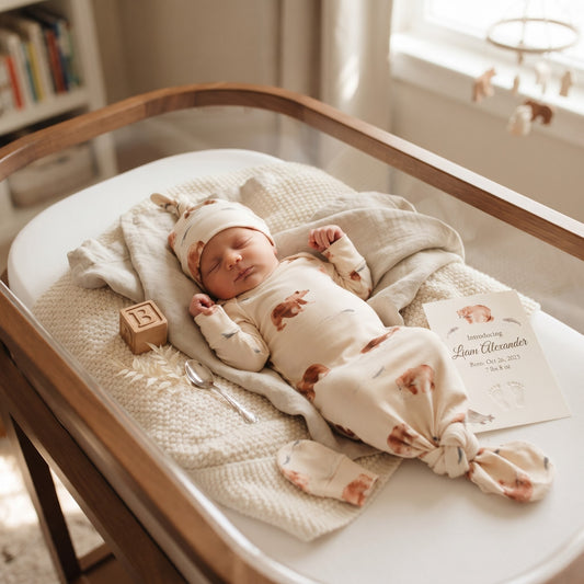 Organic Newborn Knotted Gown & Hat Set | Handmade in USA | OEKO-TEX Baby Clothing | Grizzly Bear Print