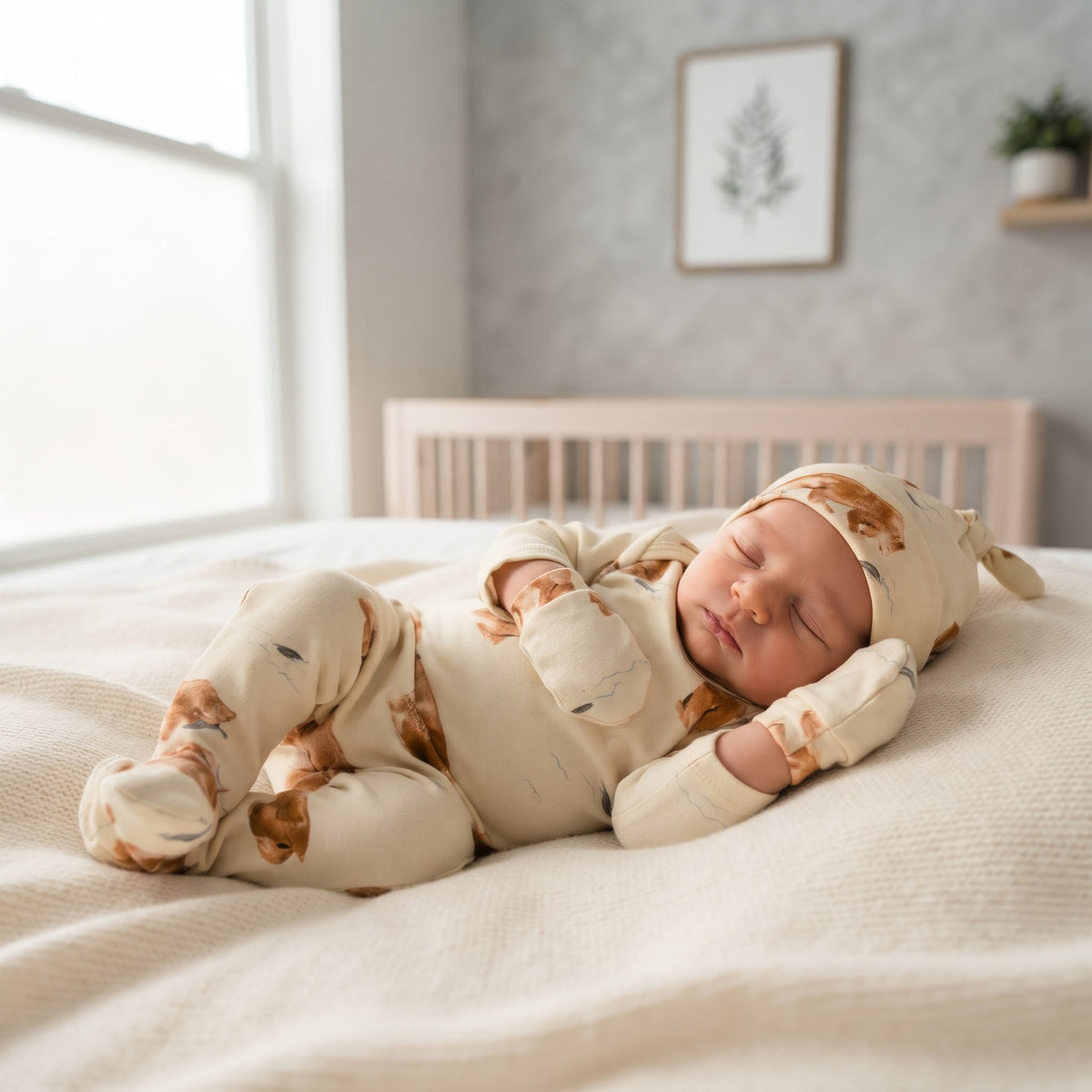 Organic Baby Outfit Set | Handmade Newborn Clothes | Grizzly Bear Print | Pants, Shirt, Hat & Mittens