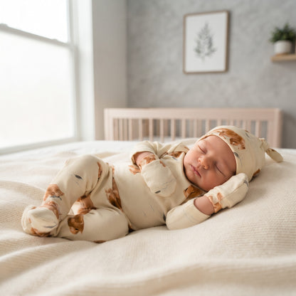 Organic Baby Outfit Set | Handmade Newborn Clothes | Grizzly Bear Print | Pants, Shirt, Hat & Mittens
