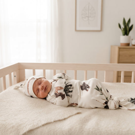 Organic Newborn Knotted Gown & Hat Set | Handmade in USA | OEKO-TEX Baby Clothing | Safari Print
