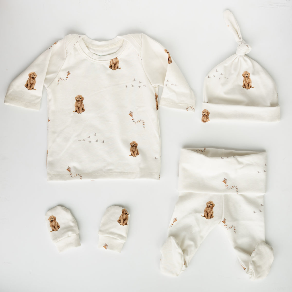Organic Baby Outfit Set | Handmade Newborn Clothes | Labradoodle Dog Print | Pants, Shirt, Hat & Mittens