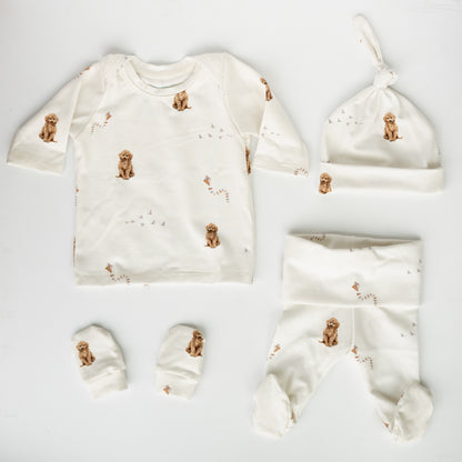 Organic Baby Outfit Set | Handmade Newborn Clothes | Labradoodle Dog Print | Pants, Shirt, Hat & Mittens