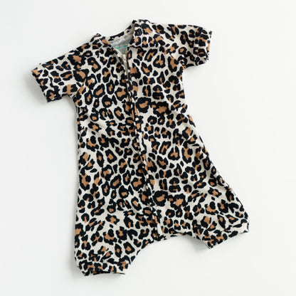 Leopard Print Baby Zip Romper Outfit Short Sleeve One Piece Romper
