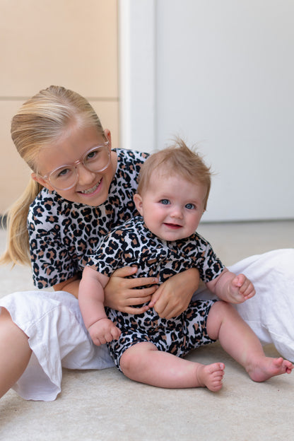 Leopard Print Baby Zip Romper Outfit Short Sleeve One Piece Romper