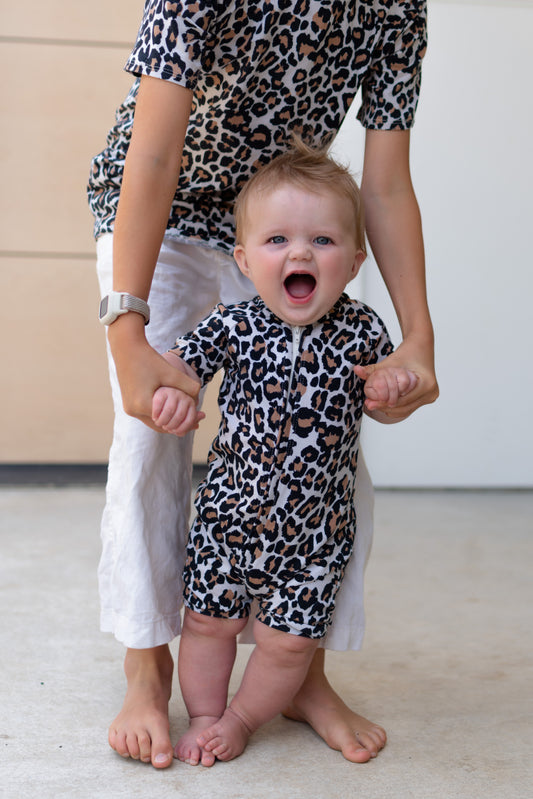 Leopard Print Baby Zip Romper Outfit Short Sleeve One Piece Romper