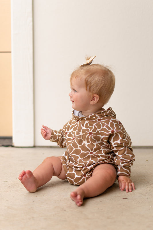 Tan Flower Bubble Sweatshirt Romper Organic Baby Outfit
