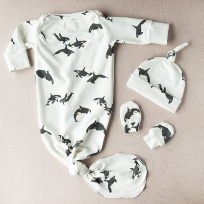 Orca Whale Baby Knotted Gown and Hat Set
