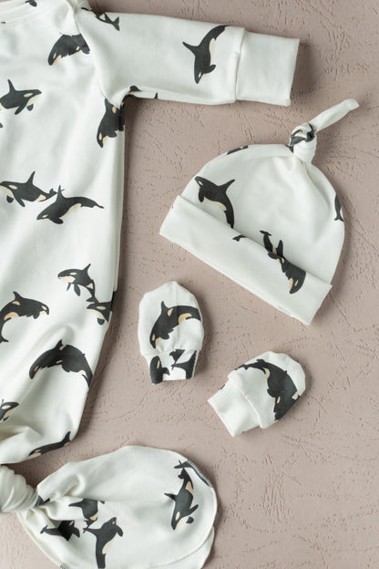 Orca Whale Baby Knotted Gown and Hat Set