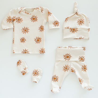 Sunflower Baby Outfit Set Pants Shirt Hat and Mittens