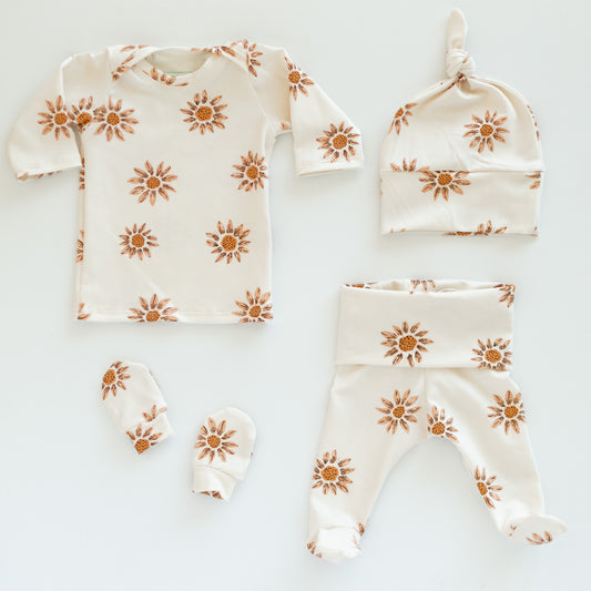 Sunflower Baby Outfit Set Pants Shirt Hat and Mittens