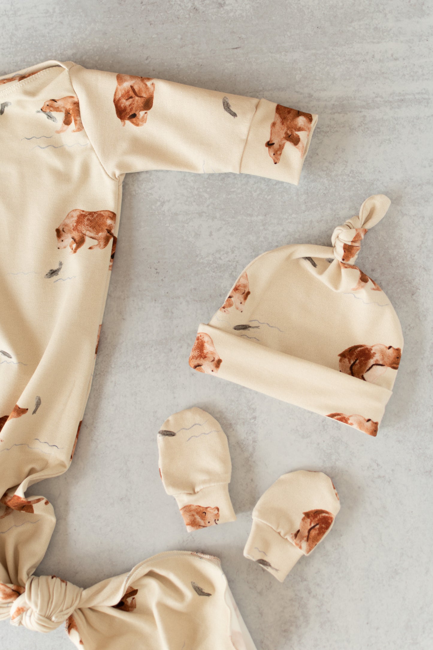 Grizzly Bear Baby Knotted Gown and Hat Set